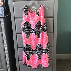bright pink/navy blue patterned dress